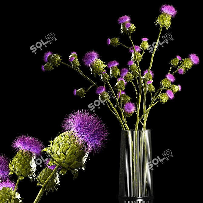 Green Thistle Bouquet in Modern Glass Vase 3D model image 1