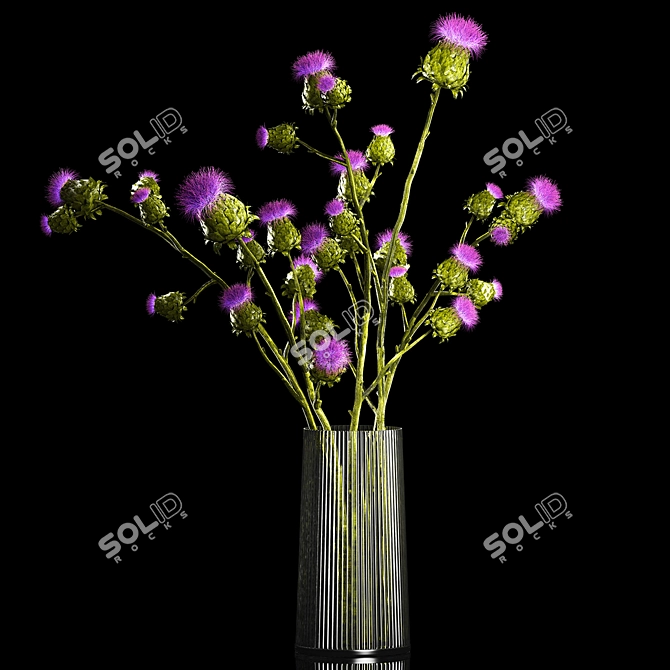 Green Thistle Bouquet in Modern Glass Vase 3D model image 2