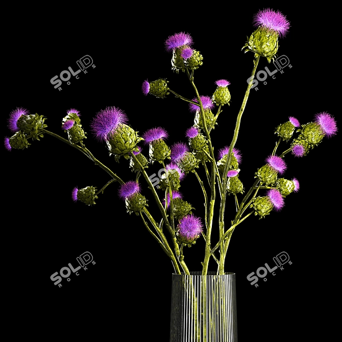 Green Thistle Bouquet in Modern Glass Vase 3D model image 3