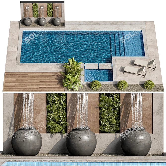 Modern 3D Pool with Waterfall 3D model image 1