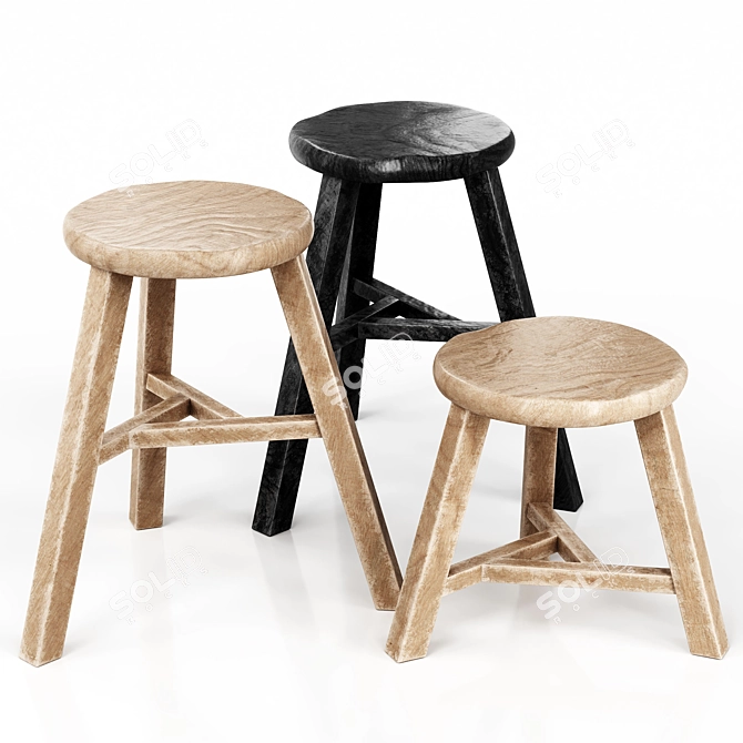 Modern Wooden Stool Set Varieties 3D model image 1