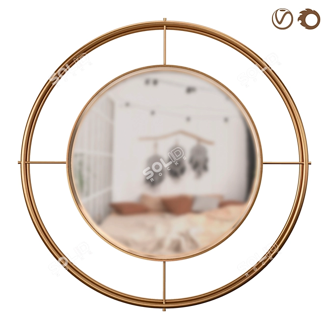 Golden Metal Frame Round Mirror 3D model image 5