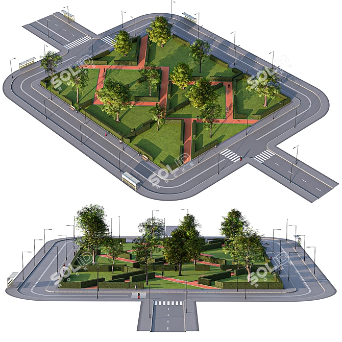 Urban Street with Park Setting 3D model image 2