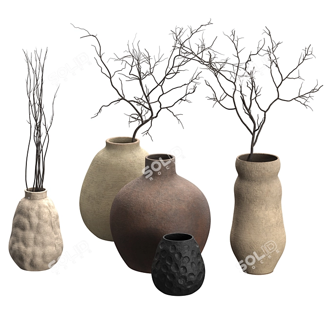 Rustic Handcrafted Vases with Twigs 3D model image 2