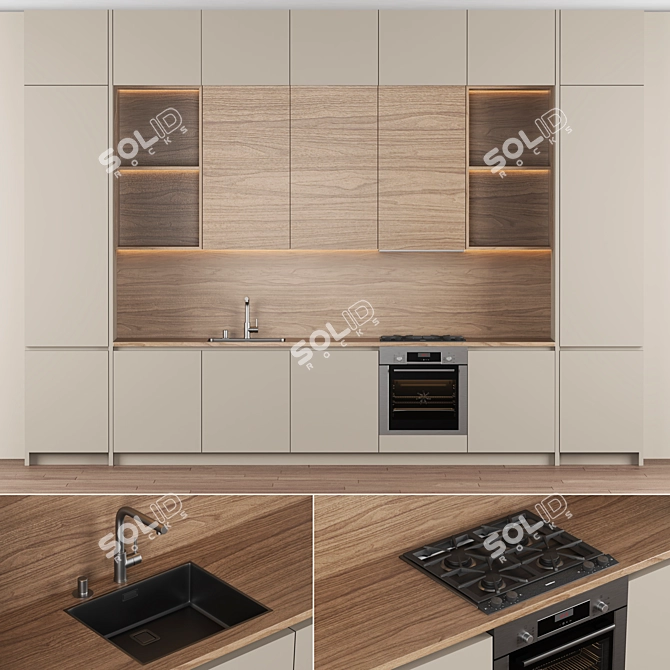 Modern Taupe Wood Kitchen 3D 3D model image 1