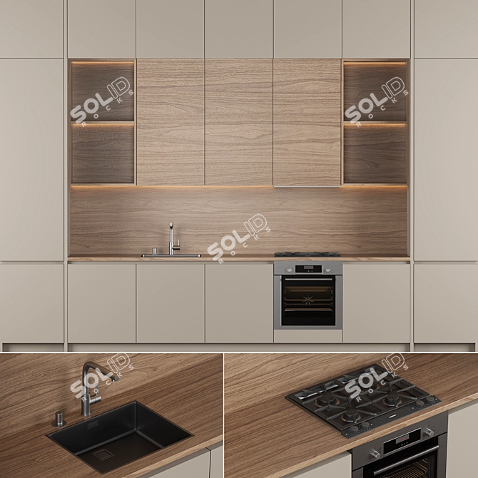 Modern Taupe Wood Kitchen 3D 3D model image 5