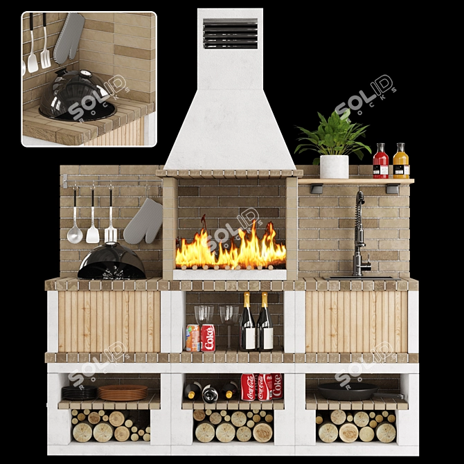 Brick Outdoor Kitchen BBQ Set 3D model image 1