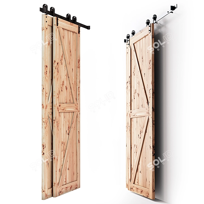 Double Wooden Barn Doors Set 3D model image 3