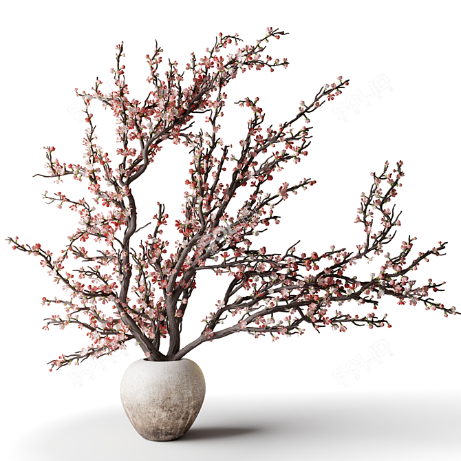 Pink Blossom Branches in Clay Vase 3D model image 1