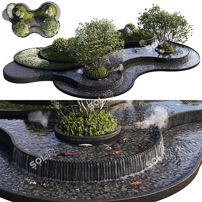 Waterfall Pond with Fish 3D model image 1