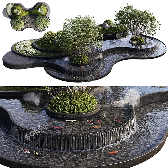 Waterfall Pond with Fish 3D model image 8