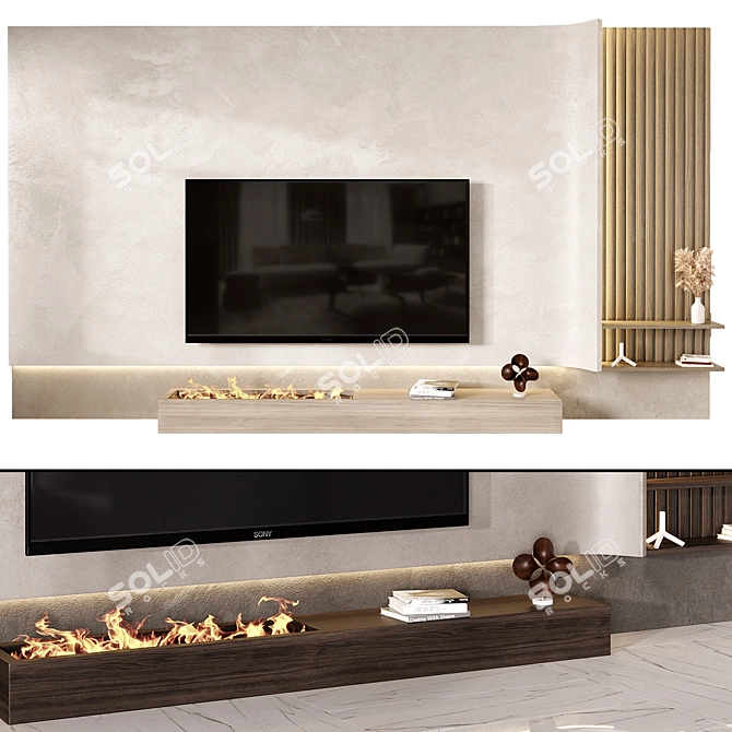 Rustic Stone Wood TV Wall 3D model image 1