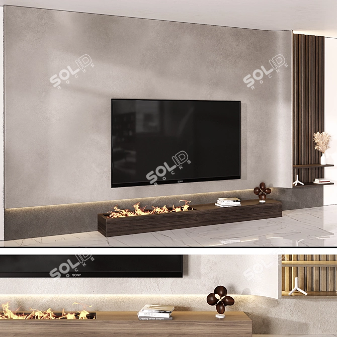 Rustic Stone Wood TV Wall 3D model image 2