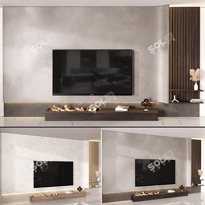 Rustic Stone Wood TV Wall 3D model image 4