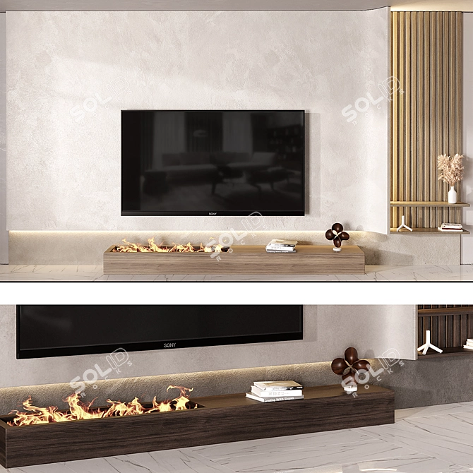 Rustic Stone Wood TV Wall 3D model image 6