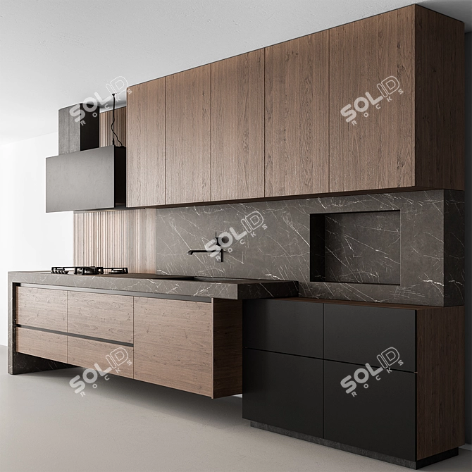 Sleek Wood & Black Kitchen 3D model image 1