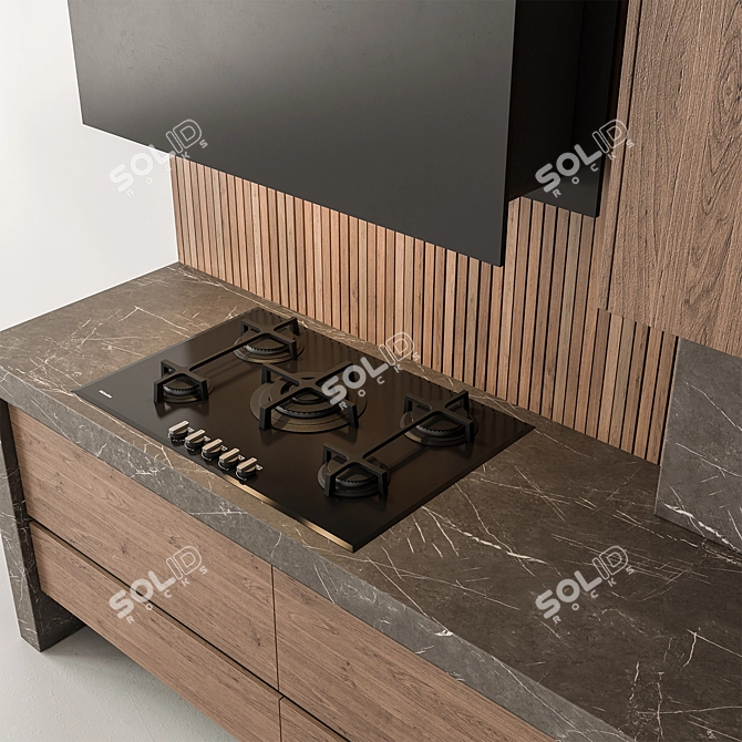 Sleek Wood & Black Kitchen 3D model image 2