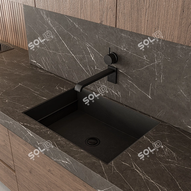 Sleek Wood & Black Kitchen 3D model image 3