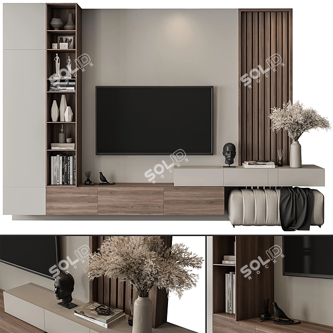 Modern Wood Concrete TV Wall 3D model image 3