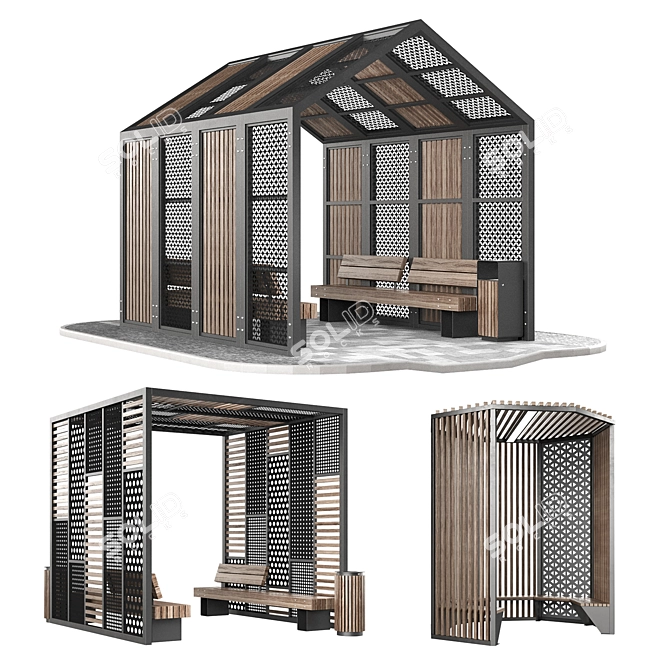 Pergola Set with Benches 3D model image 6