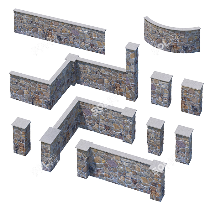 Stone Fence Set: Column and Wall Kit 3D model image 1