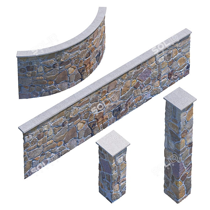 Stone Fence Set: Column and Wall Kit 3D model image 2