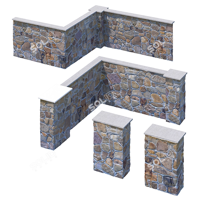 Stone Fence Set: Column and Wall Kit 3D model image 3