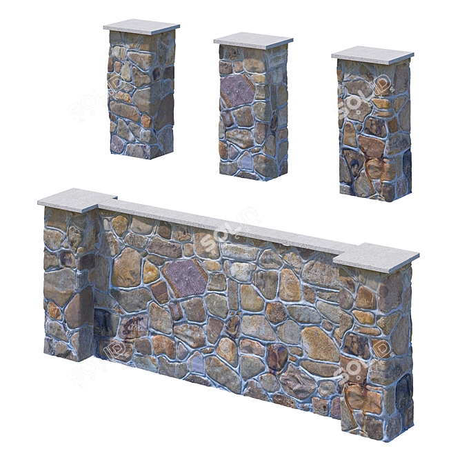 Stone Fence Set: Column and Wall Kit 3D model image 7