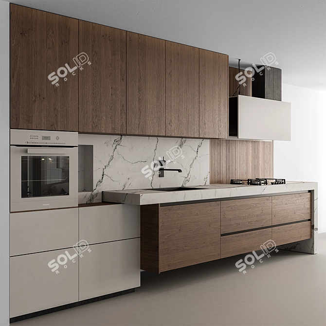 Sleek Wood & White Kitchen 3D model image 1