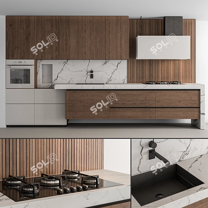 Sleek Wood & White Kitchen 3D model image 4