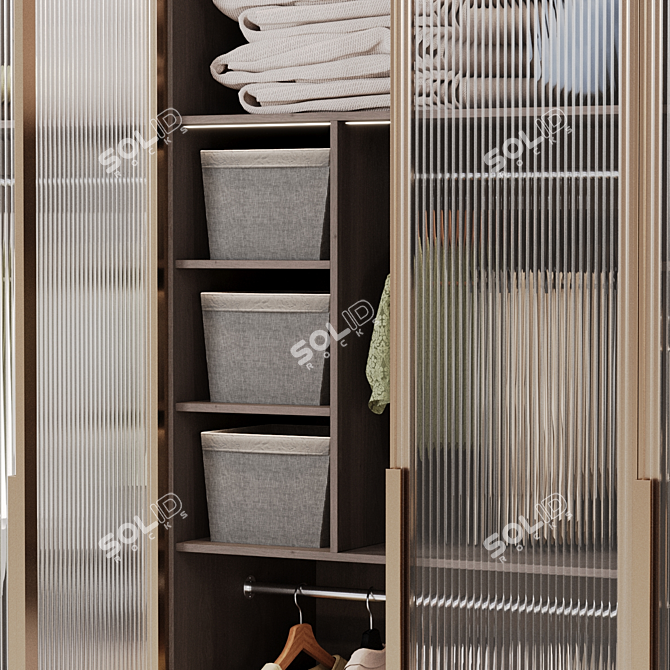 Modern Wardrobe with Ribbed Glass Doors 3D model image 2