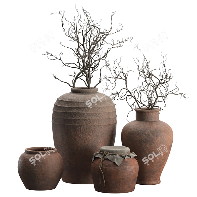 Handcrafted Rustic Vases with Curly Branches 3D model image 1