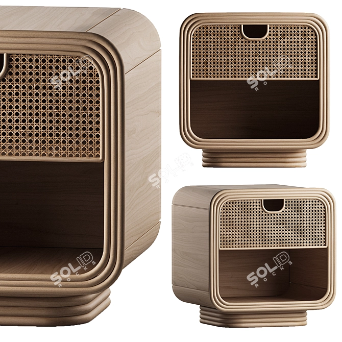 Rattan Boho Nightstand: 1-Drawer Wooden Bedside 3D model image 1