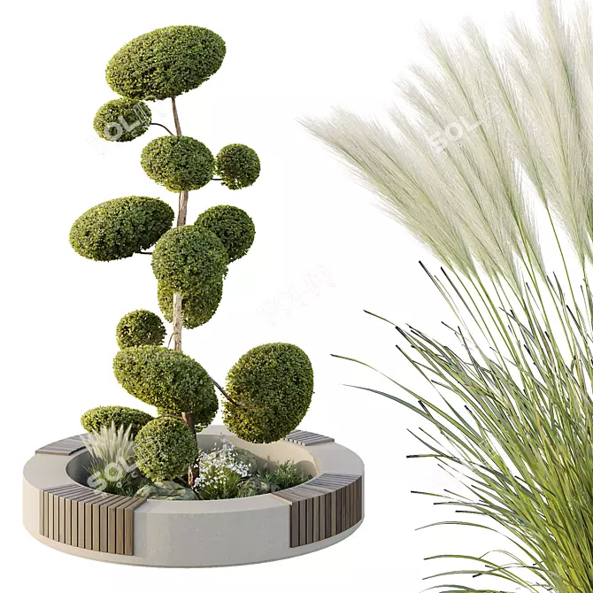 Urban Green Plant Bench Set 3D model image 1