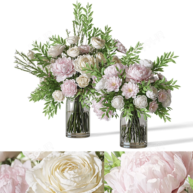 Rose Peonies Floral Bouquet Set 3D model image 1