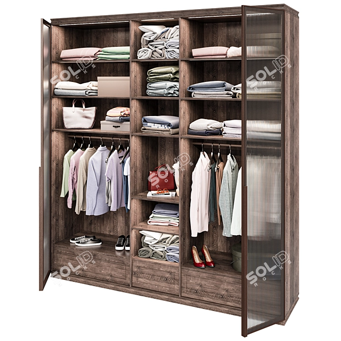 Modern Wardrobe with Ribbed Glass Doors 3D model image 6