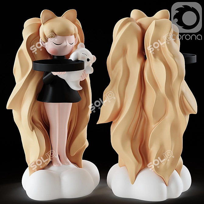 Cat Girl Figurine with Tray 3D model image 1