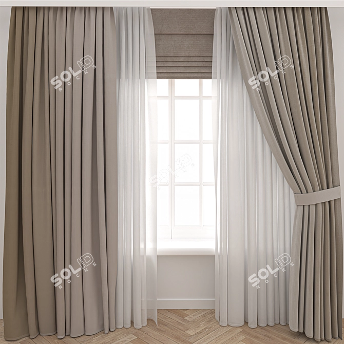 Wooden Window Curtain Parquet 3D 3D model image 1