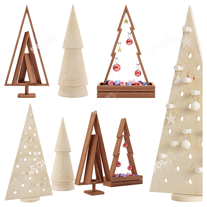 Handmade Wooden Christmas Tree Set 3D model image 1