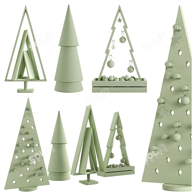 Handmade Wooden Christmas Tree Set 3D model image 2