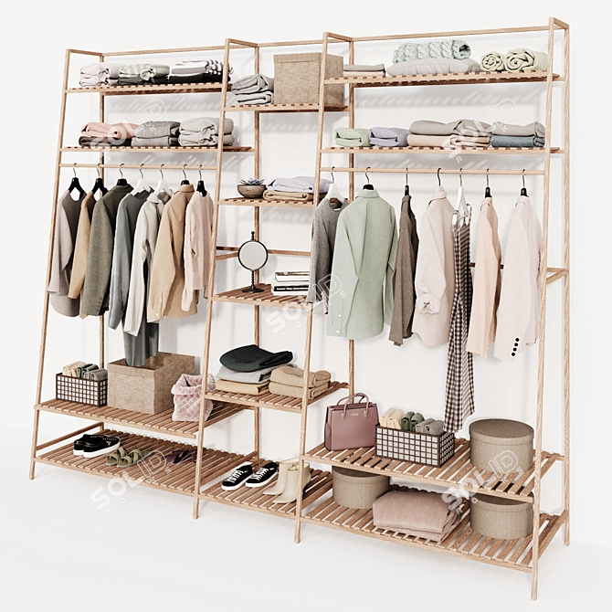 Wooden Wall-Mounted Wardrobe Organizer 3D model image 3