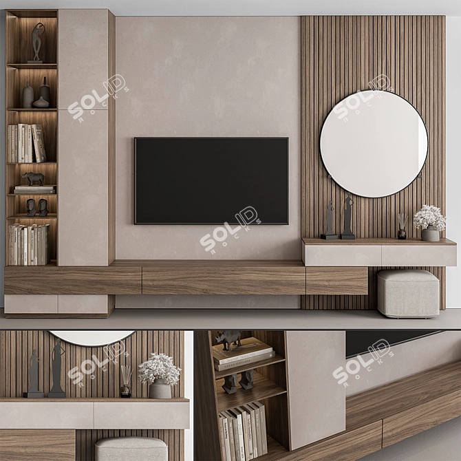 Modern White Wood TV Wall 3D model image 4