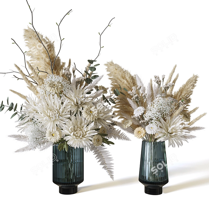 White Chrysanthemum Fern Bouquet deco 3D model image 1