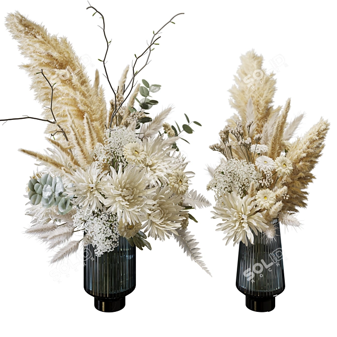 White Chrysanthemum Fern Bouquet deco 3D model image 2