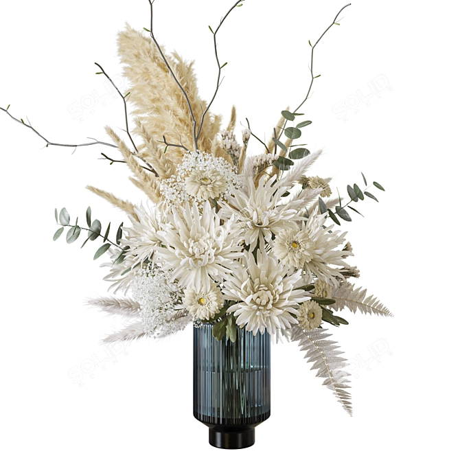 White Chrysanthemum Fern Bouquet deco 3D model image 4