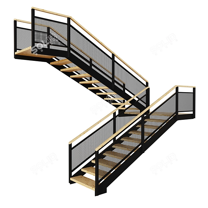 Industrial Wood Metal Loft Staircase 3D model image 1