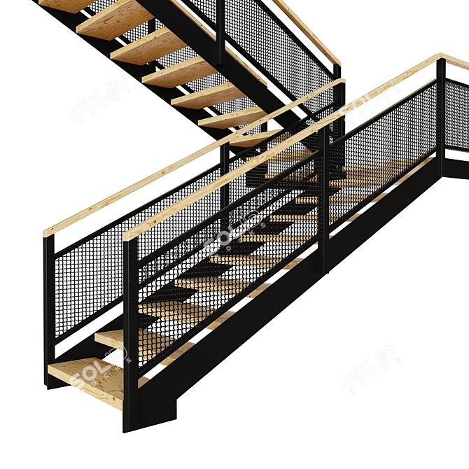 Industrial Wood Metal Loft Staircase 3D model image 2