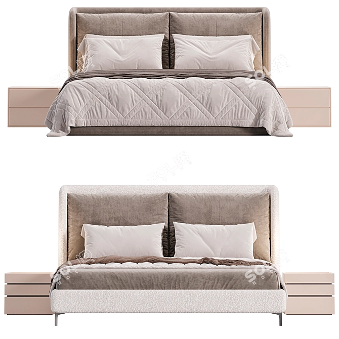 Beige Leather Modern Bed 3D model image 3