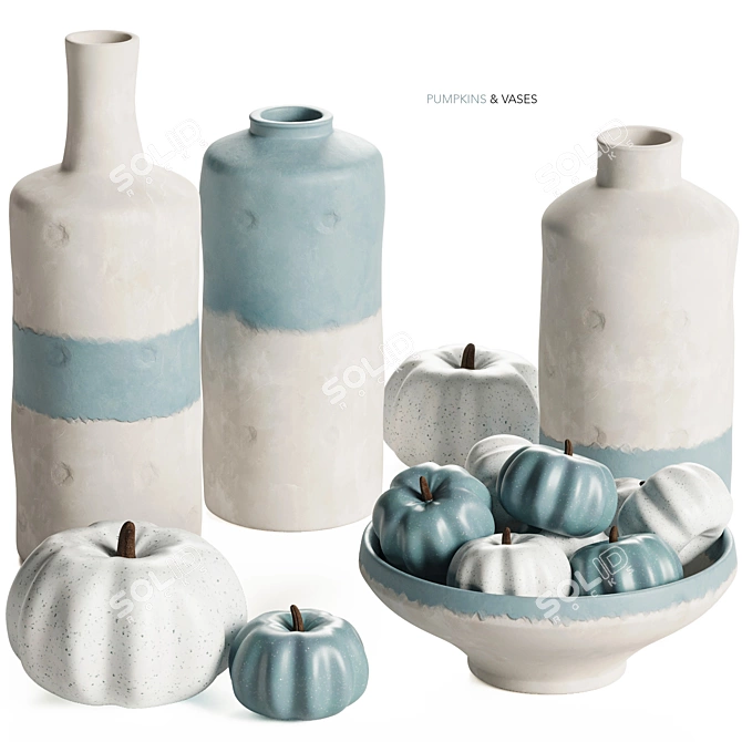 Handcrafted Blue & White Vase Set 3D model image 1