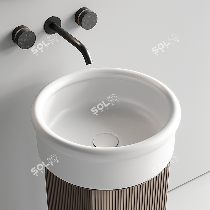 Modern Wooden Vanity Set with Round Ceramic Basins 3D model image 3